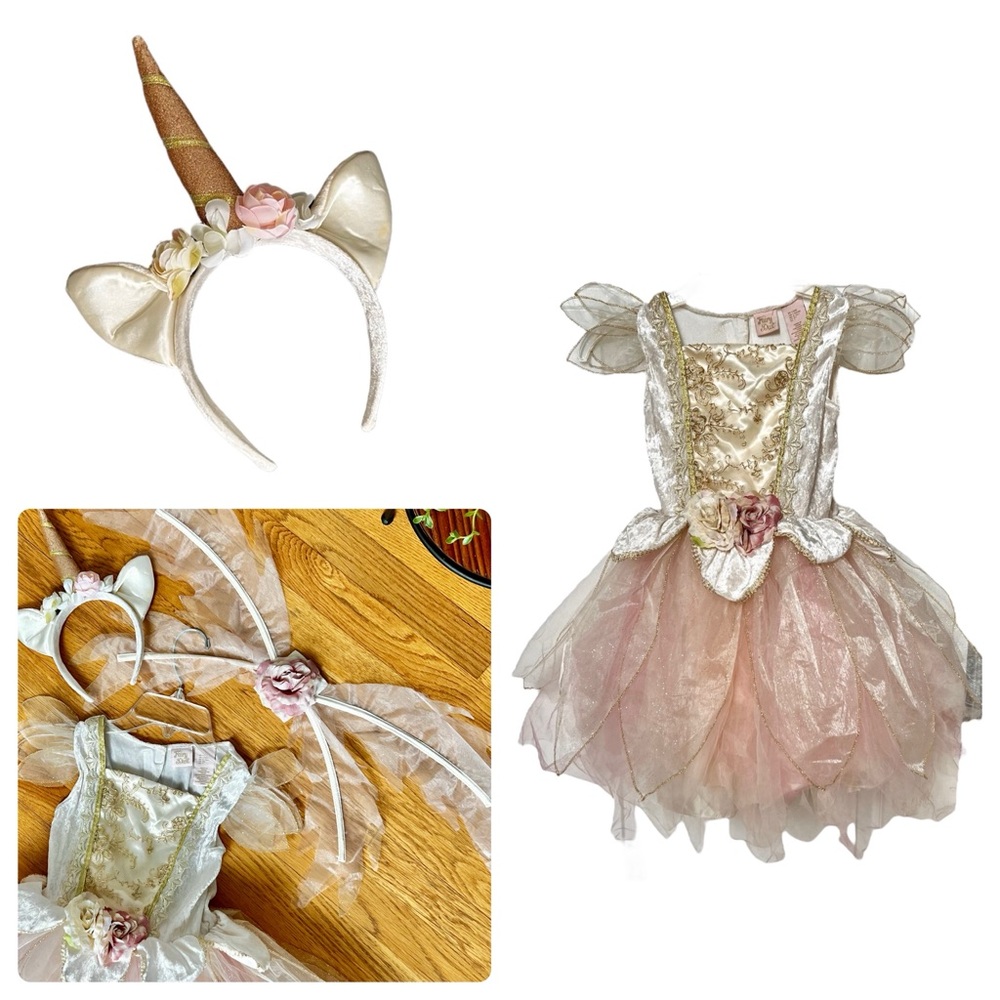Unicorn Fairy Princess Costume Set with Velcro Wings & Horn/Ears Headband Sz 6X